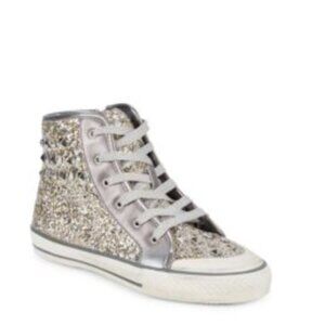 NEW GIRLS GOLD SPARKLY STUDDED LACE UP HI TOP SNEAKERS SZ-1